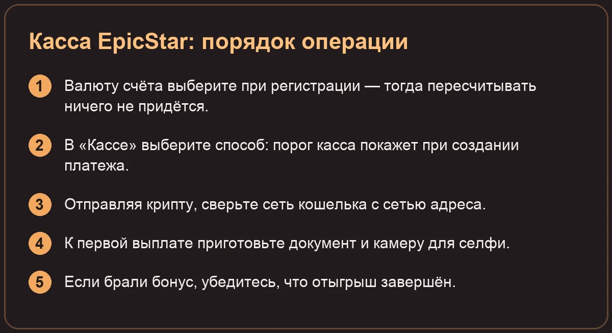 Касса EpicStar: порядок операции: Валюту счёта выберите при регистрации — тогда пересчитывать ничего не придётся.; В «Кассе» выберите способ: порог касса покажет при создании платежа.; Отправляя крипту, сверьте сет