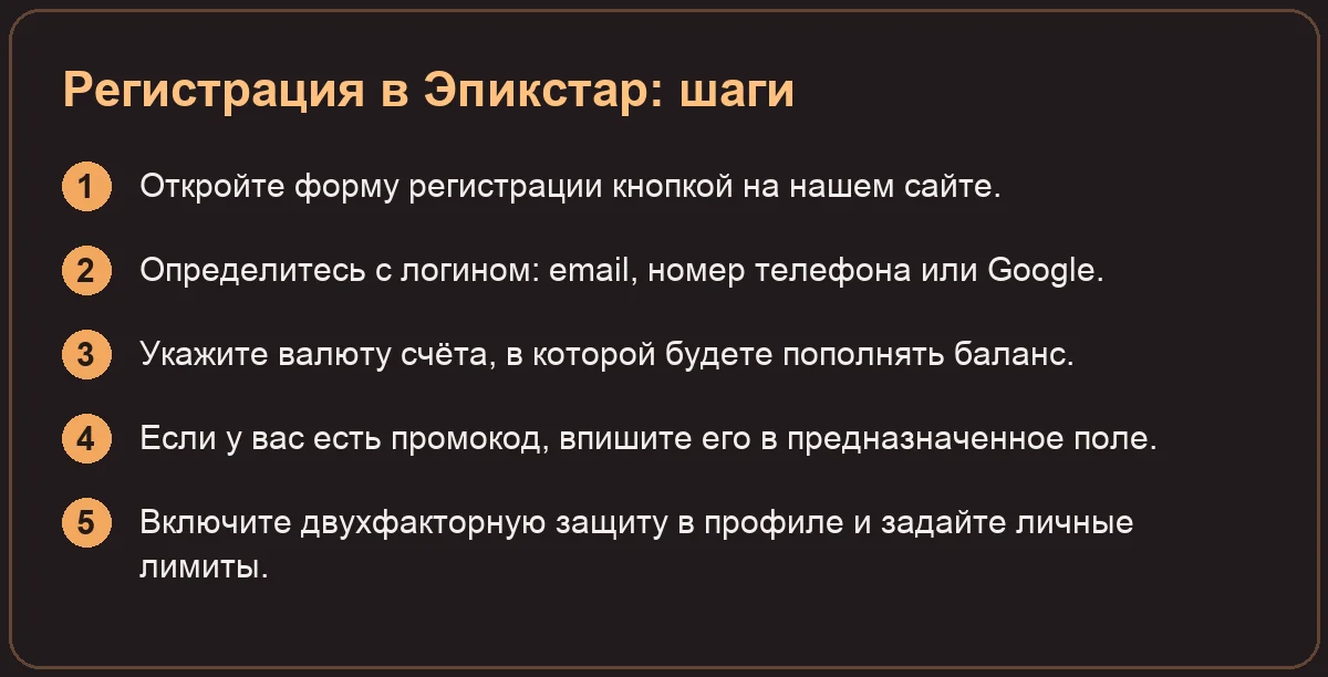Регистрация в Эпикстар: шаги: Откройте форму регистрации кнопкой на нашем сайте.; Определитесь с логином: email, номер телефона или Google.; Укажите валюту счёта, в которой будете пополнять баланс.; Если у вас 